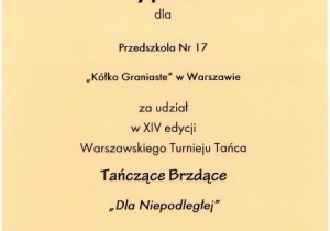Dyplom za udział w Warszawskim Przeglądzie Tańca - Tańczące Brzdące